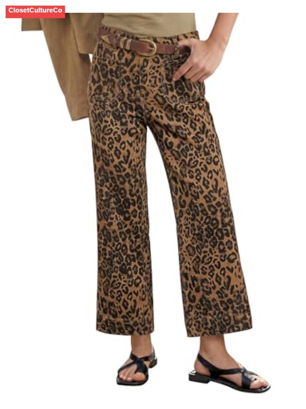 Wide Leg High Waisted Leopard Print Cropped Jeans with Patch Pockets - Picture 1 of 6